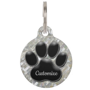 Personalized White Pearl Black Paw Print Pet Tag