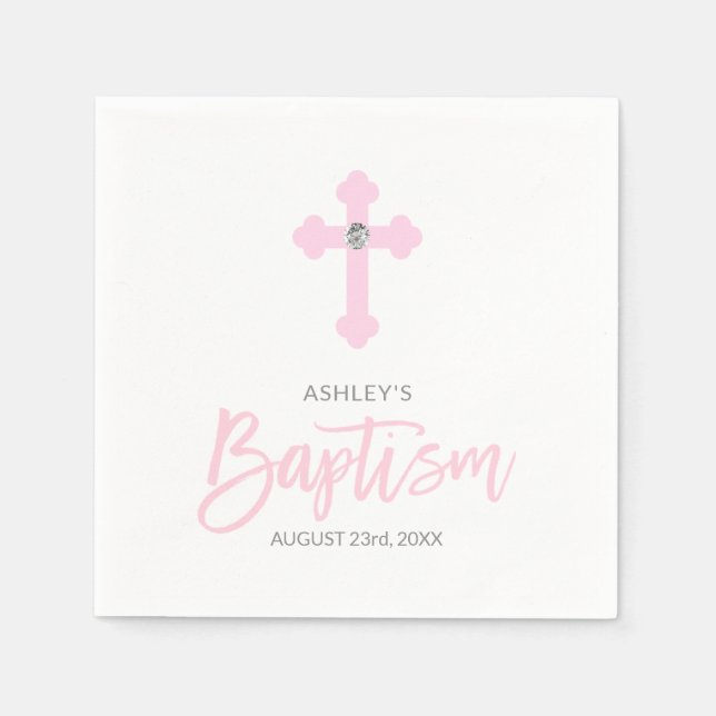 Personalized White Pink GIRL Cross BAPTISM Napkin (Front)