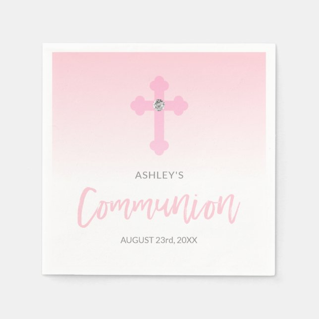 Personalized White Pink GIRL Cross Holy COMMUNION Napkin (Front)