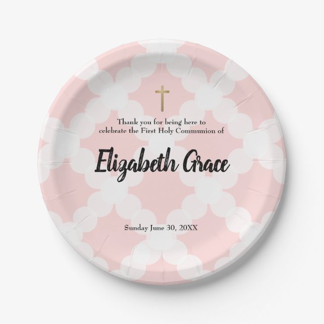 Personalized White Pink Gold Cross First Communion Paper Plate (Front)