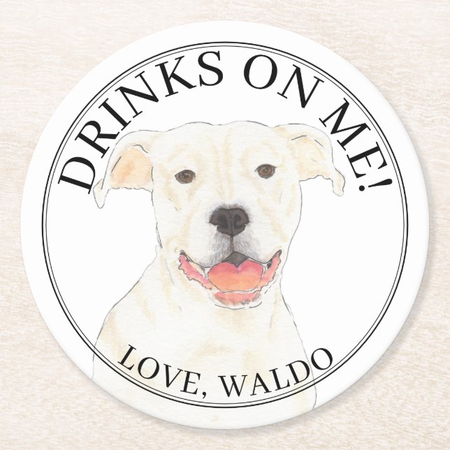 Personalized White Pitbull Staffy Dog Wedding Round Paper Coaster (Front)