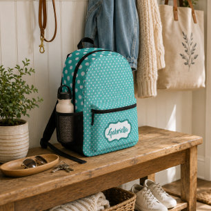 Personalized White Polka Dots On Teal Mint Green Printed Backpack