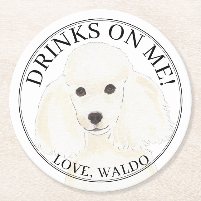 Personalized White Poodle Dog Wedding Round Paper Coaster (Front)