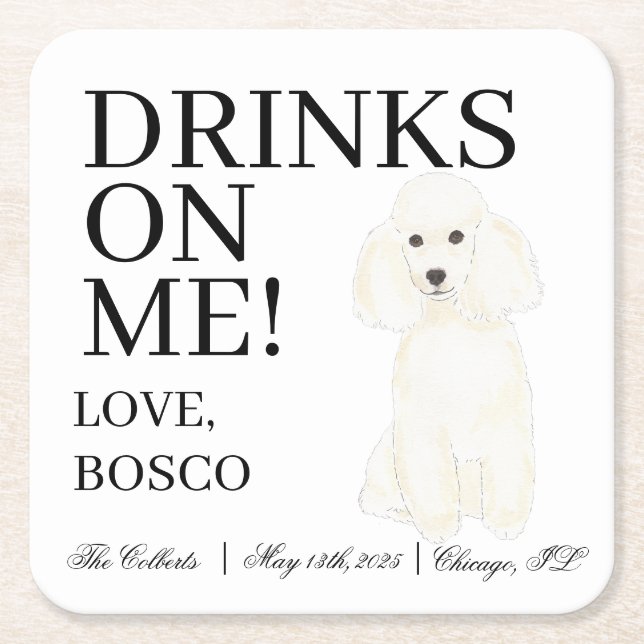 Personalized White Poodle Dog Wedding Square Paper Coaster (Front)