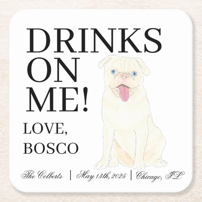 Personalized White Pug Dog Wedding Square Paper Coaster (Front)