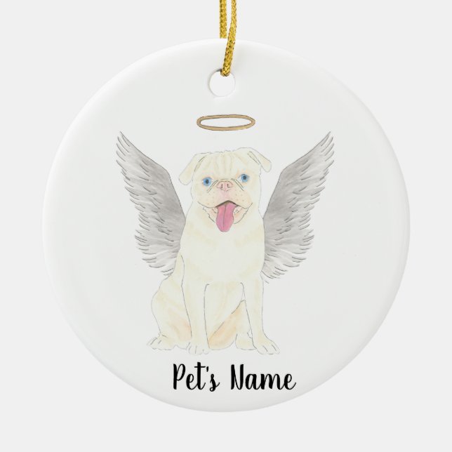 Personalized White Pug Sympathy Memorial Ceramic Ornament (Front)