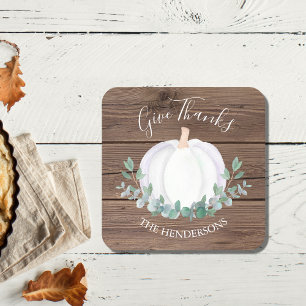 Personalized White Pumpkin Eucalyptus Thanksgiving Square Paper Coaster