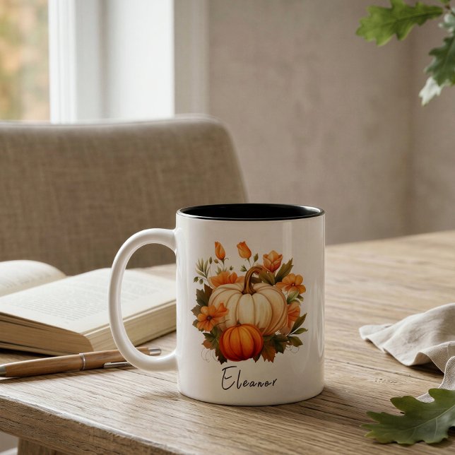 Personalized White Pumpkin Fall Floral Gift Two-Tone Coffee Mug (Creator Uploaded)