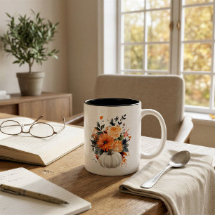 Personalized White Pumpkin Floral Fall Two-Tone Coffee Mug