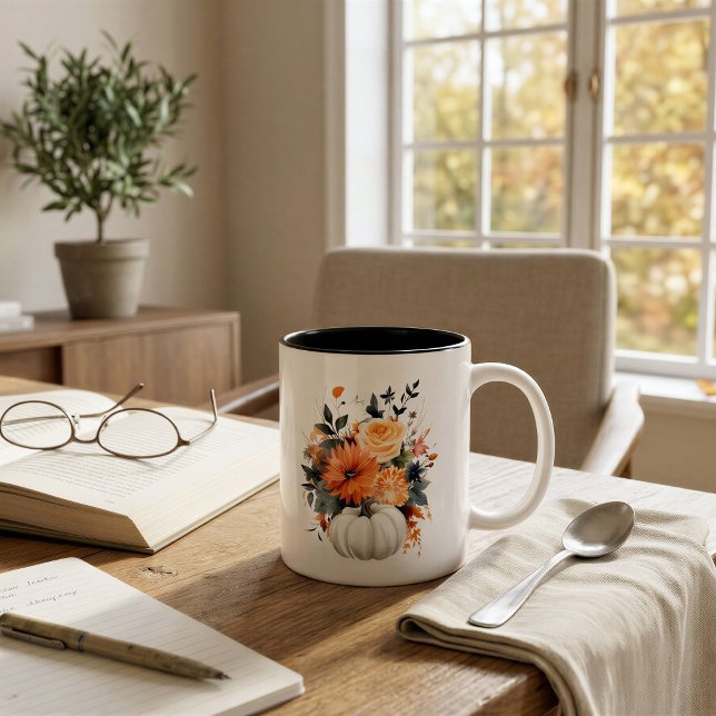 Personalized White Pumpkin Floral | Fall Two-Tone Coffee Mug (Creator Uploaded)