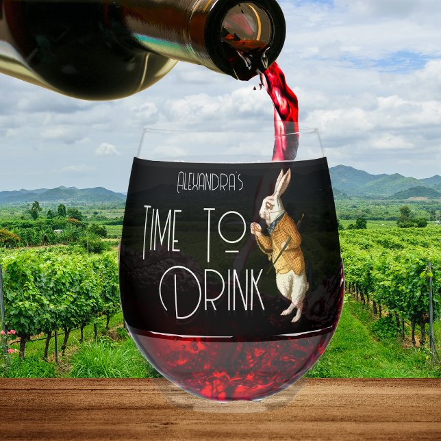 Personalized  White Rabbit Time To Drink Stemless Wine Glass (Creator Uploaded)