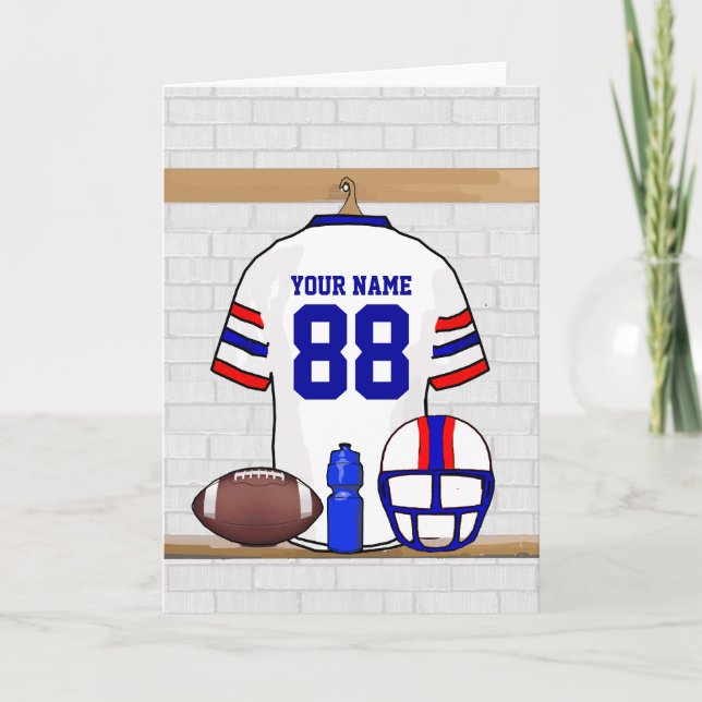 Personalized White Red Blue Football Jersey Card (Front)