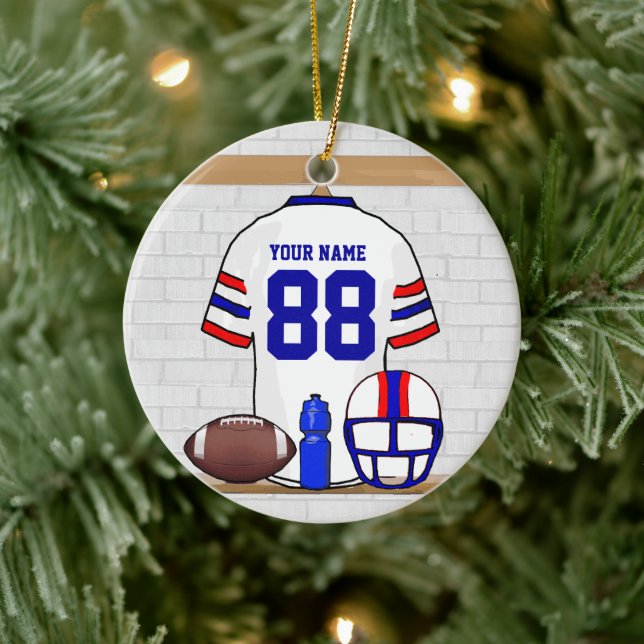 Personalized White Red Blue Football Jersey Ceramic Ornament (Tree)