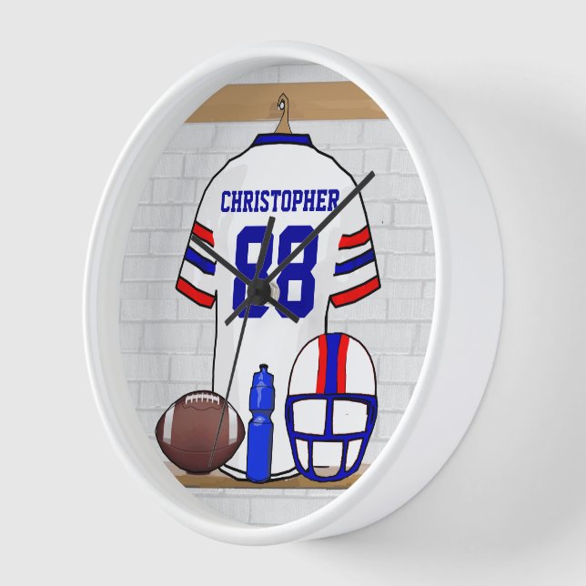 Personalized White Red Blue Football Jersey Clock (Angle)