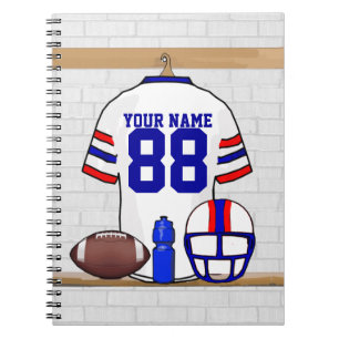 Personalized White Red Blue Football Jersey Notebook