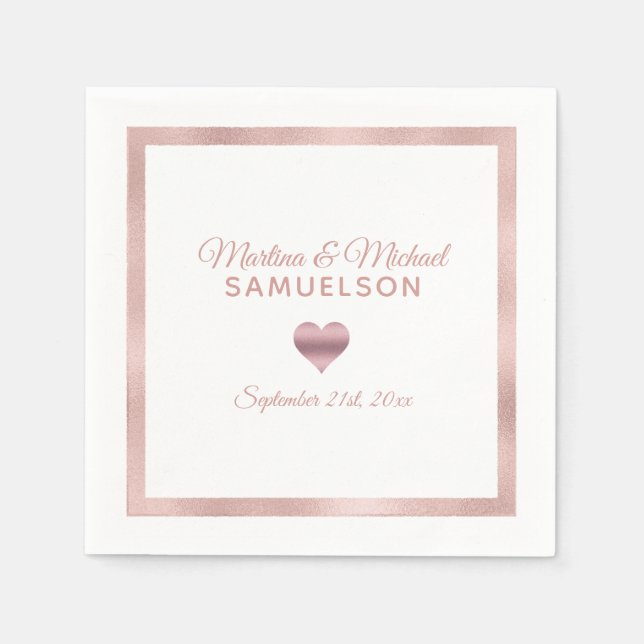Personalized White Rose Gold Heart Frame Wedding Napkin (Front)