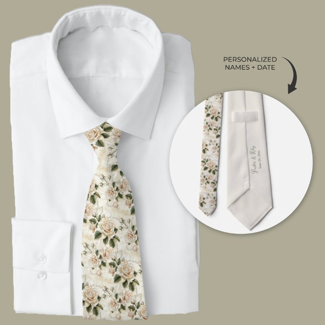 Personalized White Roses and Pearls Tie (White roses and pearls personalized groomsmen neckties)