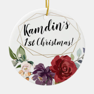 Personalized White Roses Gold Geometric Flor Ceramic Ornament