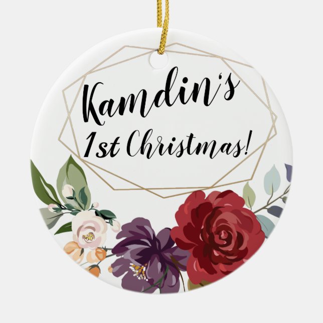 Personalized White Roses Gold Geometric Flor Ceramic Ornament (Front)
