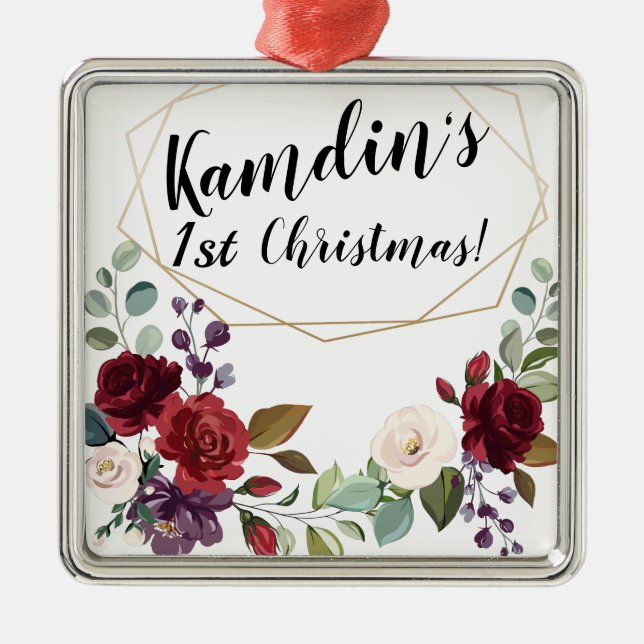 Personalized White Roses Gold Geometric Flor Metal Ornament (Front)