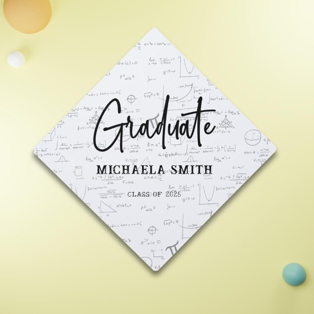 Personalized White Script Math Class of Graduate Graduation Cap Topper (Creator Uploaded)