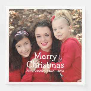 Personalized White Script Merry Christmas Photo Napkin