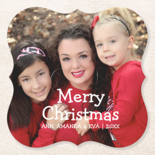 Personalized White Script Merry Christmas Photo Paper Coaster