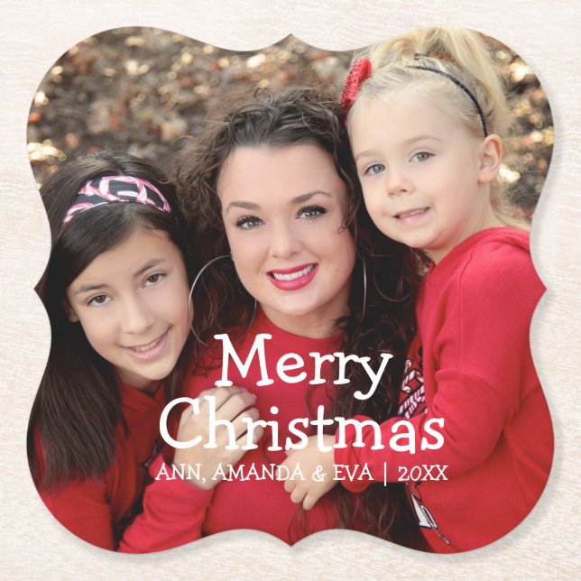 Personalized White Script Merry Christmas Photo Paper Coaster (Front)