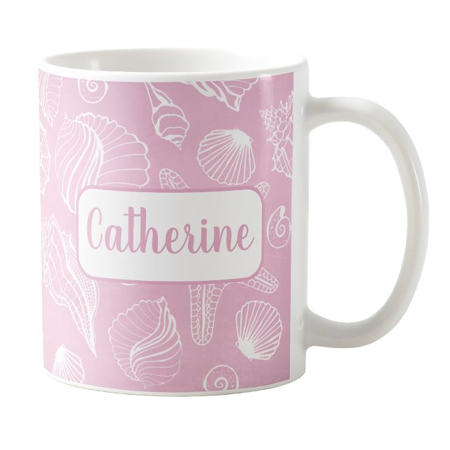 Personalized White Seashells Pink Beach Mug (Personalized White Seashells Pink Beach Mug at Amy's Coffee Mugs on Zazzle. )