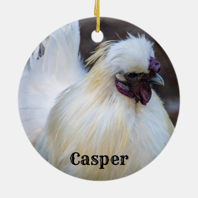 Personalized White Silkie Pet Chicken Rooster Ceramic Ornament (Back)