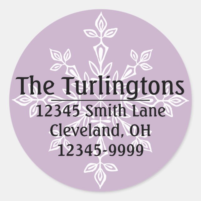 Personalized White Snowflake Return Address Classic Round Sticker (Front)