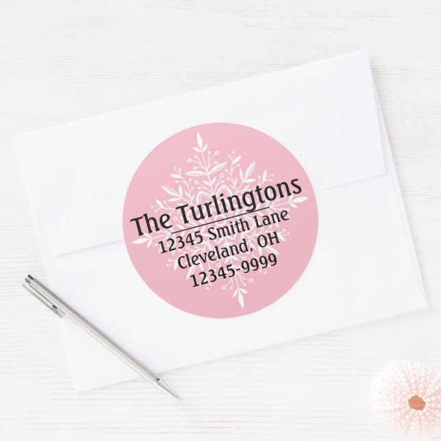 Personalized White Snowflake Return Address Classic Round Sticker (Envelope)