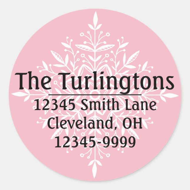 Personalized White Snowflake Return Address Classic Round Sticker (Front)