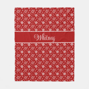 Personalized White Snowflakes on Red Fleece Blanket