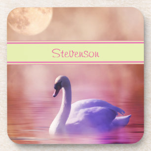Personalized White Swan floating on a misty lake Coaster