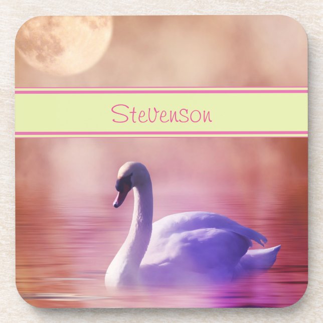 Personalized White Swan floating on a misty lake Coaster (Front)