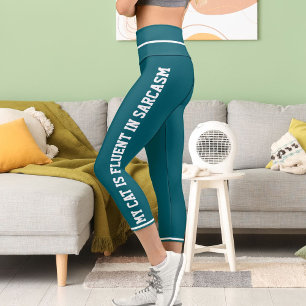 Personalized White Teal Fun Comic Style Cat Theme Capri Leggings