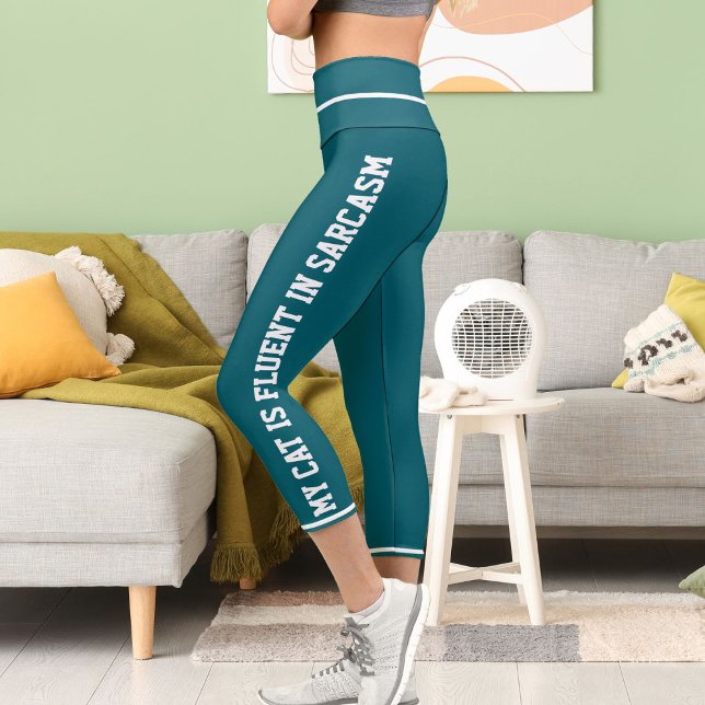 Personalized White Teal Fun Comic Style Cat Theme Capri Leggings (Creator Uploaded)