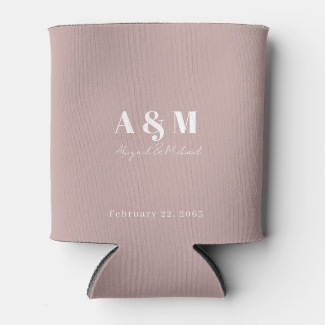 Personalized White Text Dusty Rose Wedding Can Cooler (Front)