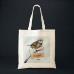 Personalized White throated sparrow Tote Bag<br><div class="desc">White-throated sparrow (Zonotrichia albicollis) in the snow. Small wooden board. Customize name. Ideal for gift giving. Digital painting by José Ricardo</div>