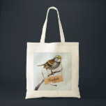 Personalized White throated sparrow Tote Bag<br><div class="desc">White-throated sparrow (Zonotrichia albicollis) in the snow. Small wooden board. Customize name. Ideal for gift giving. Digital painting by José Ricardo</div>