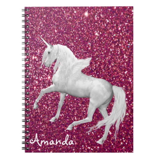 Personalized white unicorn dark pink glitter glam notebook (Front)