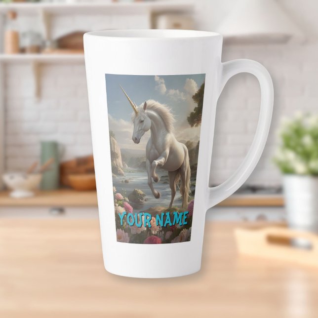 Personalized White Unicorn Flower Stream Latte Mug (Personalized White Unicorn Flower Stream Latte Mug)