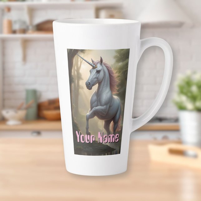 Personalized White Unicorn in Forest Latte Mug (Personalized White Unicorn in Forest Latte Mug)