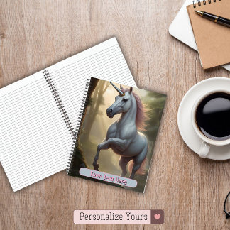 Personalized White Unicorn in Forest Notebook