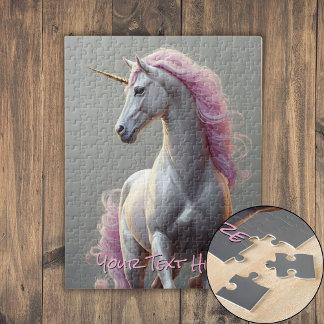 Personalized White Unicorn with Pink Mane Jigsaw Puzzle