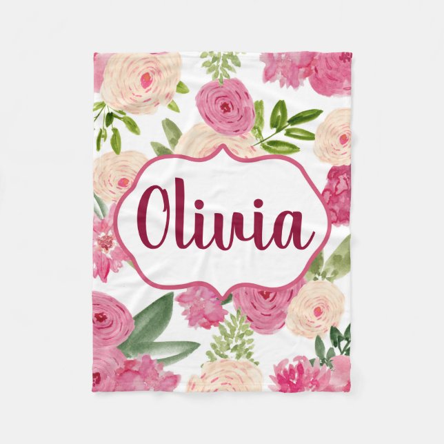 Personalized White watercolor floral Blanket (Front)