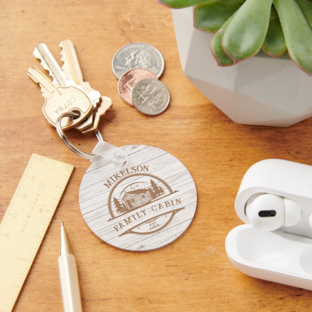 Personalized White Wood Family Cabin Keychain (Desk)