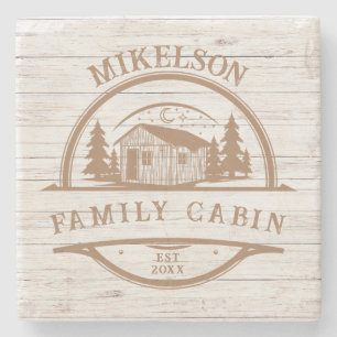 Personalized White Wood Family Cabin Stone Coaster