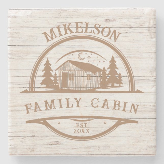 Personalized White Wood Family Cabin Stone Coaster (Front)